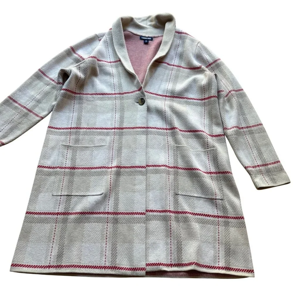 Lands End Size XL Beige & Red Plaid Long Sleeve Shawl Collar Cardigan Sweater - Picture 2 of 16
